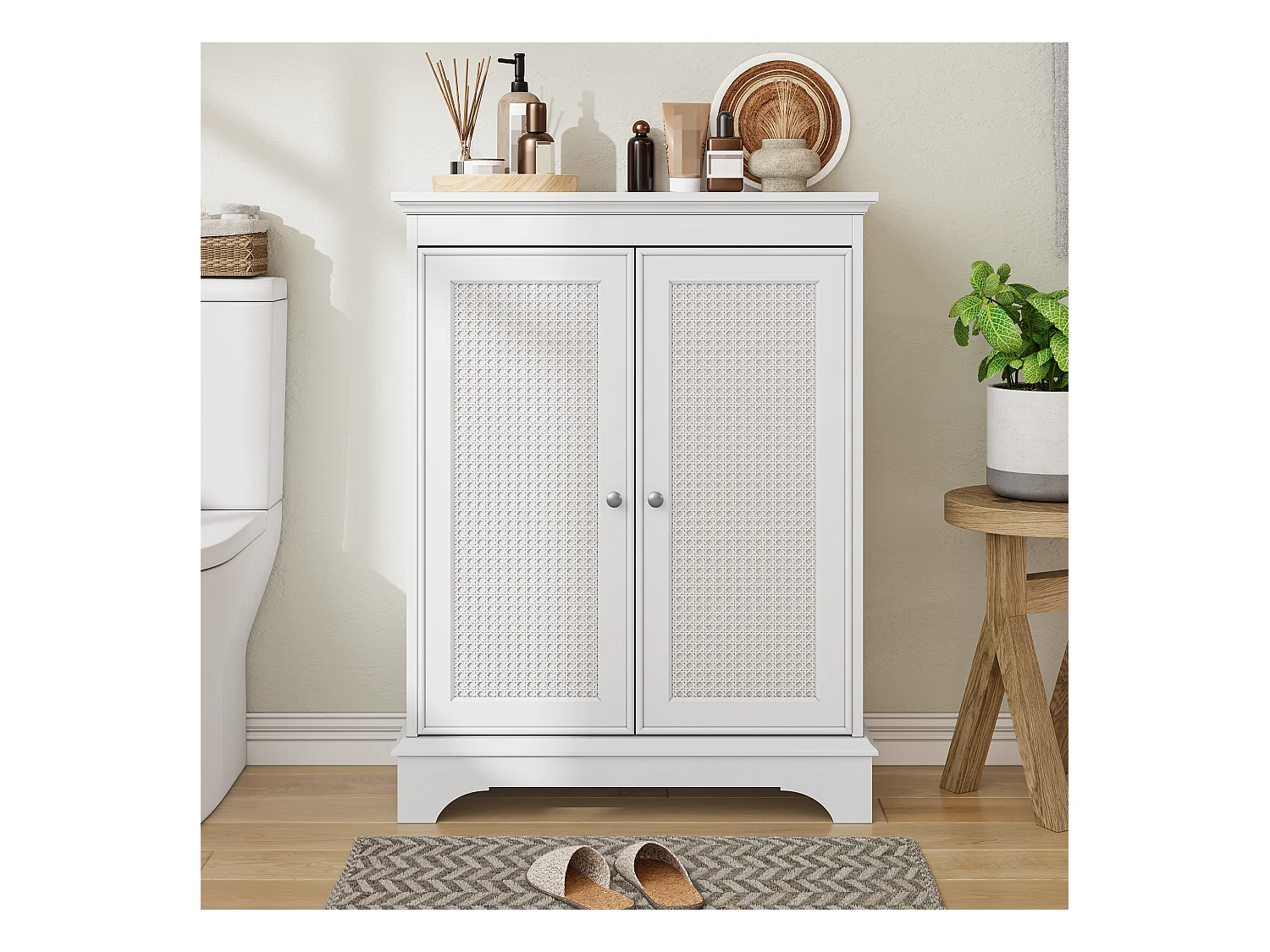 Meuble de salle de bain avec porte panier et étagères réglables, MDF, blanc (66,6x29,8x86,5 cm)