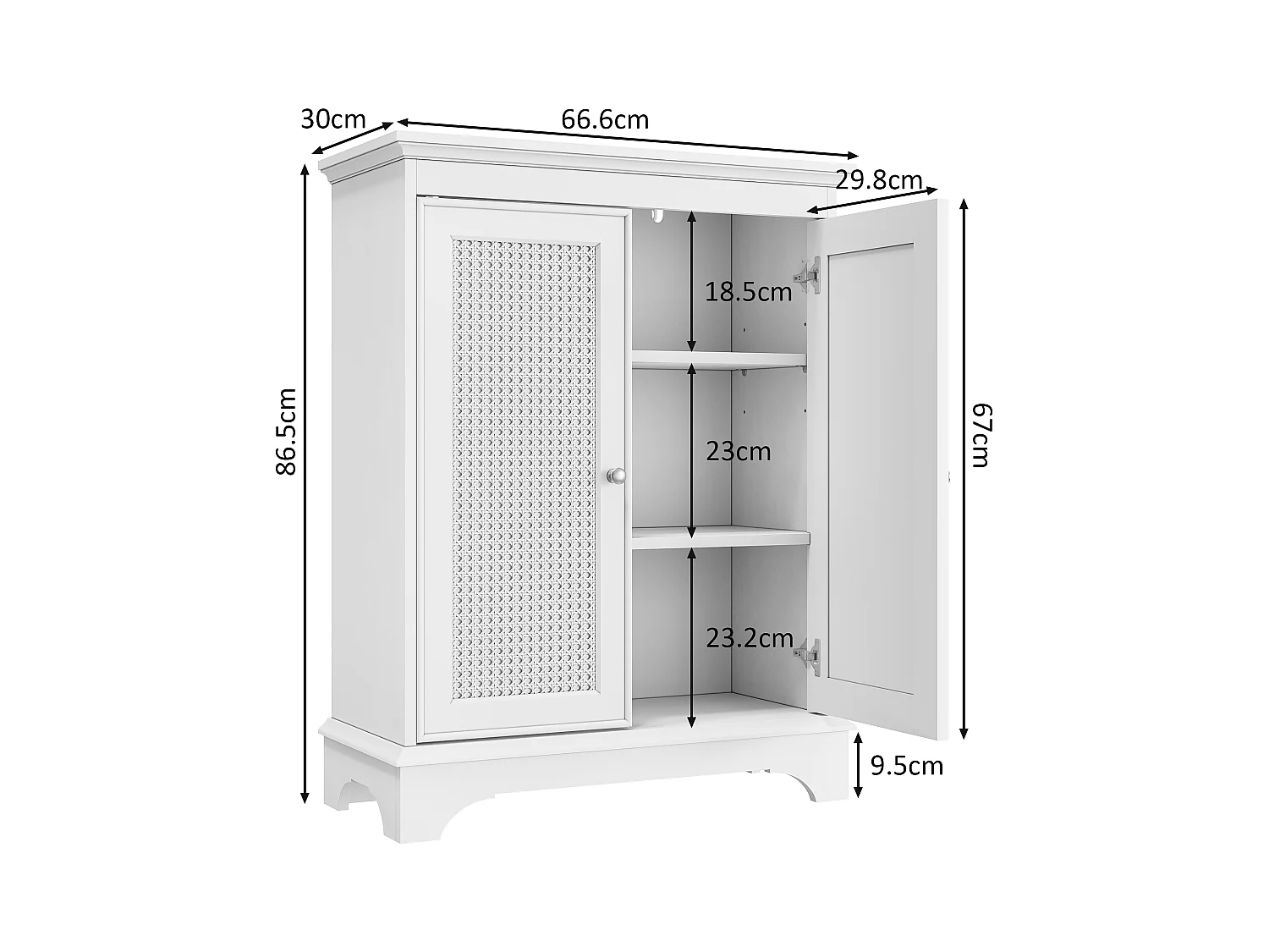 Meuble de salle de bain avec porte panier et étagères réglables, MDF, blanc (66,6x29,8x86,5 cm)