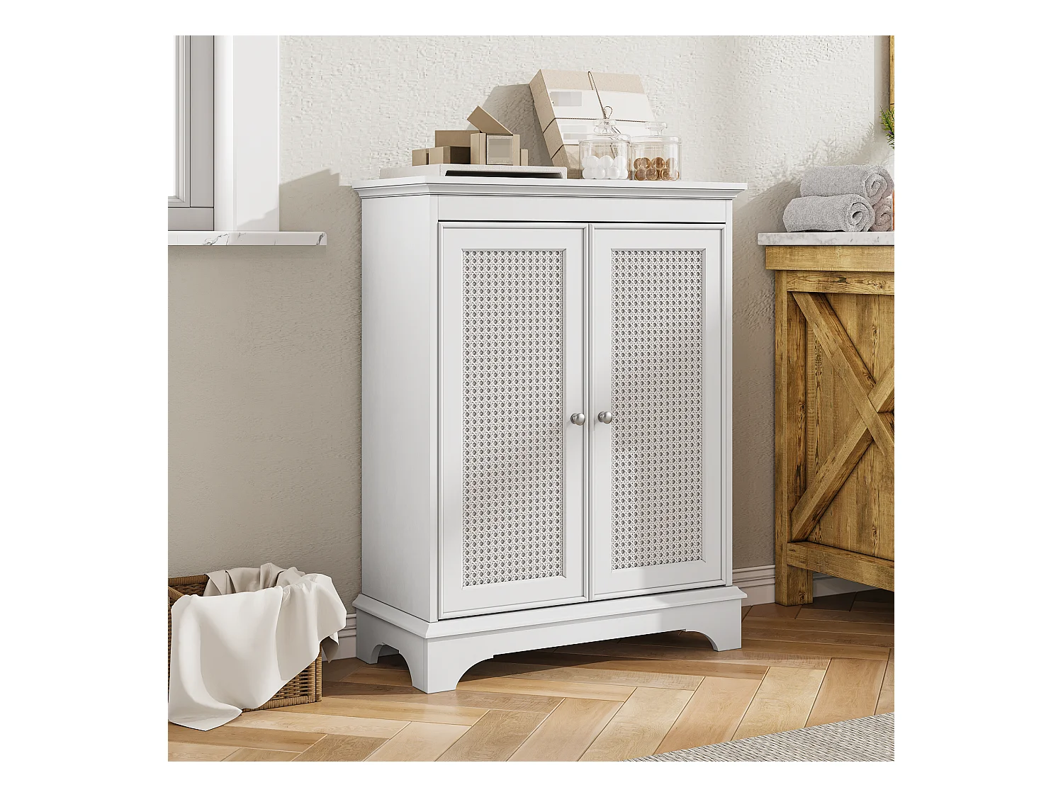 Meuble de salle de bain avec porte panier et étagères réglables, MDF, blanc (66,6x29,8x86,5 cm)