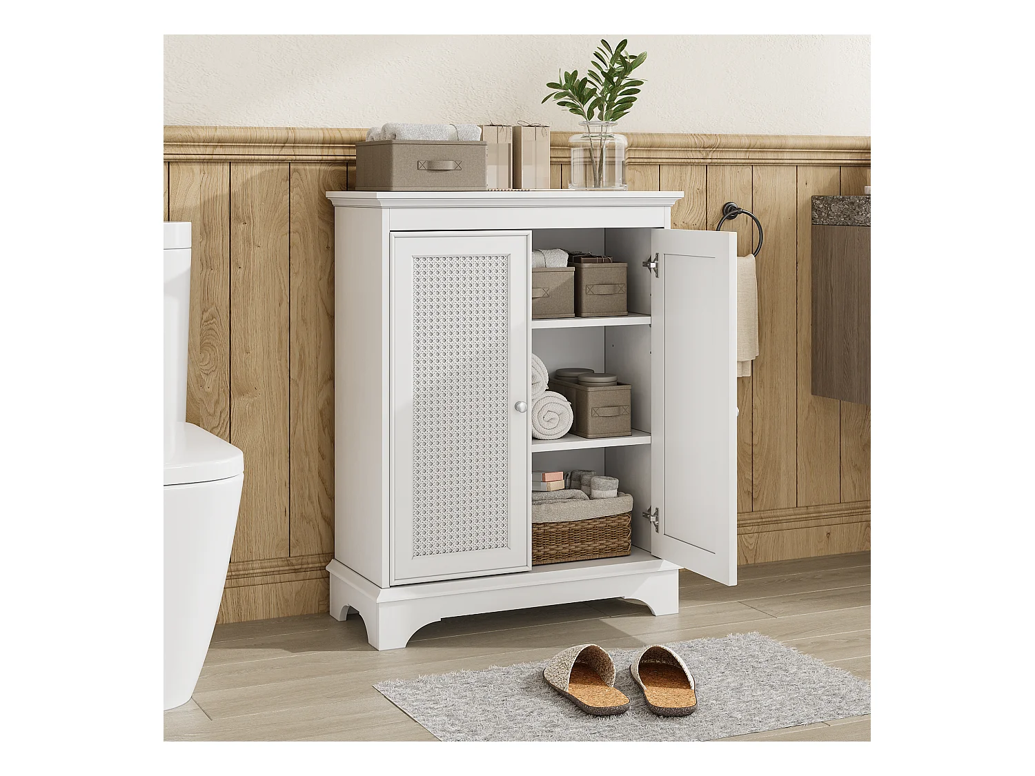 Meuble de salle de bain avec porte panier et étagères réglables, MDF, blanc (66,6x29,8x86,5 cm)