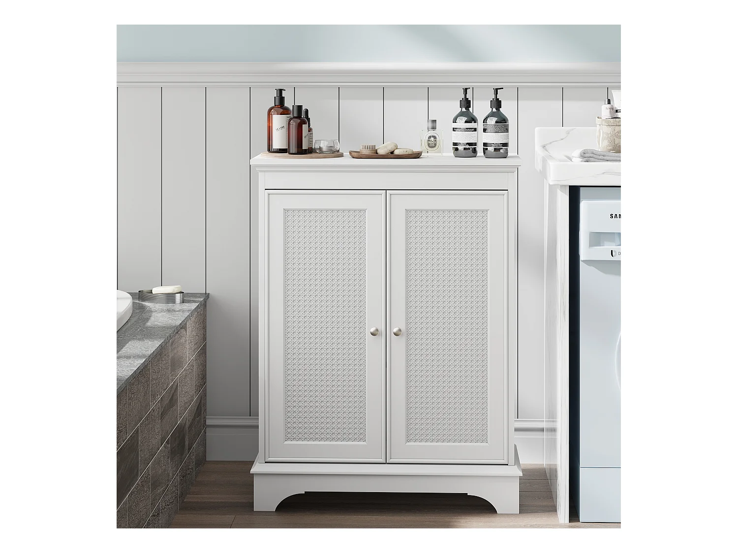Meuble de salle de bain avec porte panier et étagères réglables, MDF, blanc (66,6x29,8x86,5 cm)