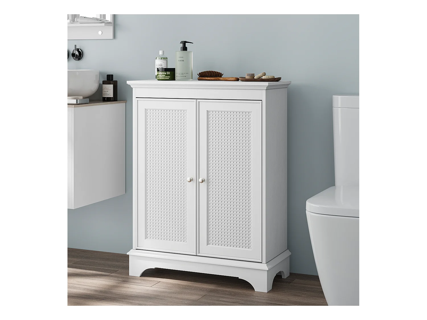Meuble de salle de bain avec porte panier et étagères réglables, MDF, blanc (66,6x29,8x86,5 cm)
