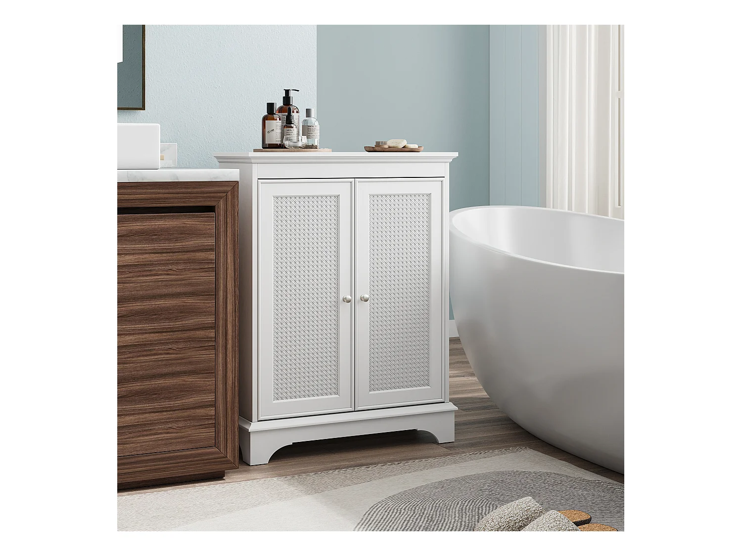 Meuble de salle de bain avec porte panier et étagères réglables, MDF, blanc (66,6x29,8x86,5 cm)