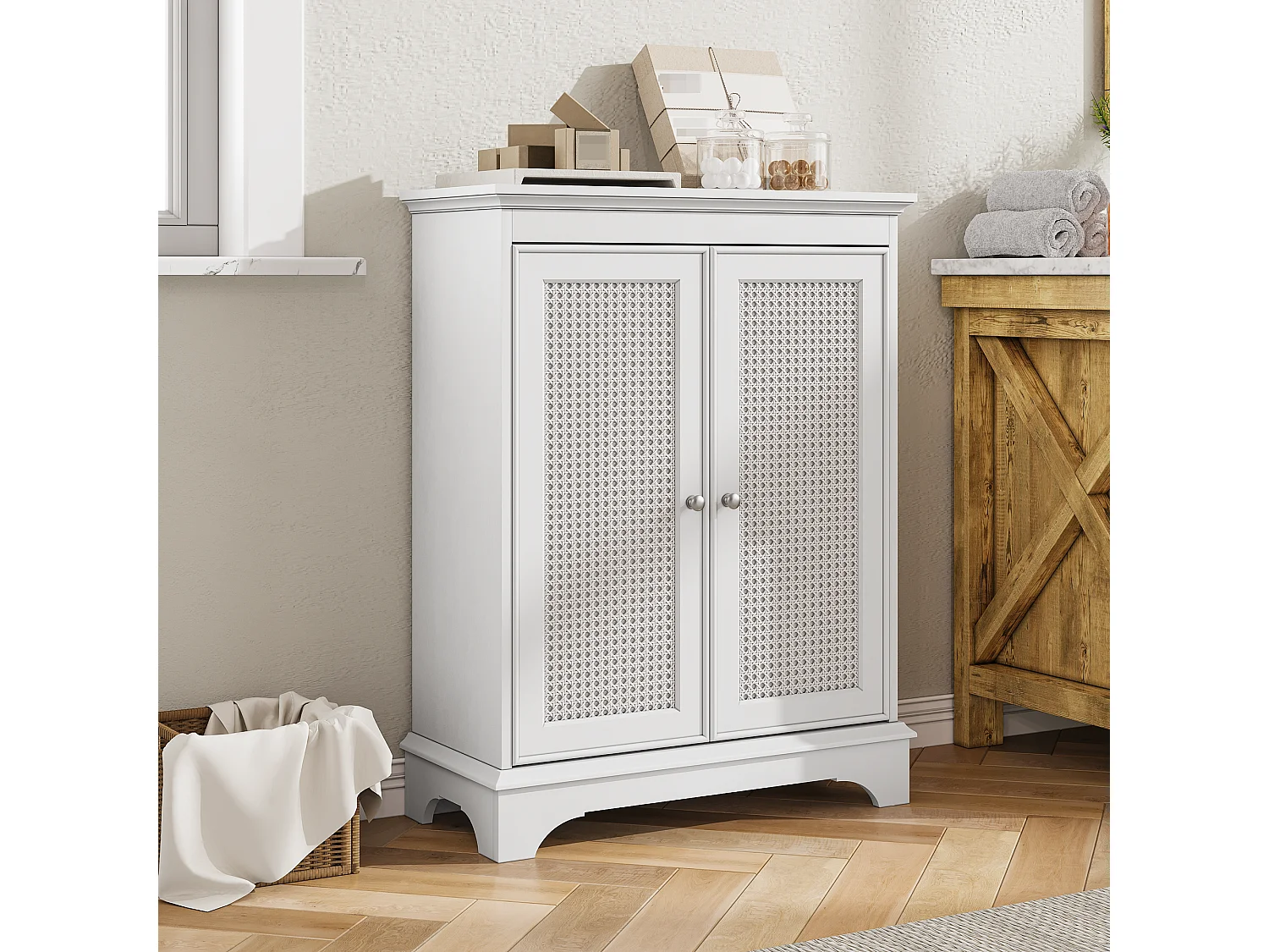 Meuble de salle de bain avec porte panier et étagères réglables, MDF, blanc (66,6x29,8x86,5 cm)