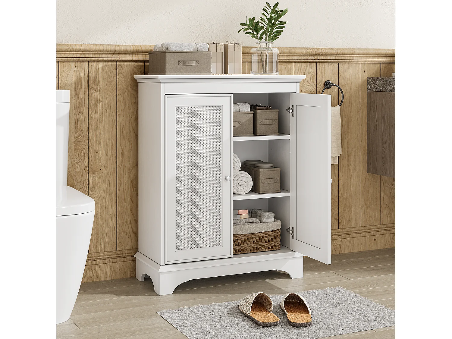 Meuble de salle de bain avec porte panier et étagères réglables, MDF, blanc (66,6x29,8x86,5 cm)