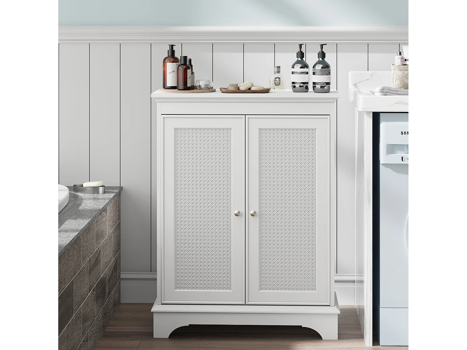 Meuble de salle de bain avec porte panier et étagères réglables, MDF, blanc (66,6x29,8x86,5 cm)