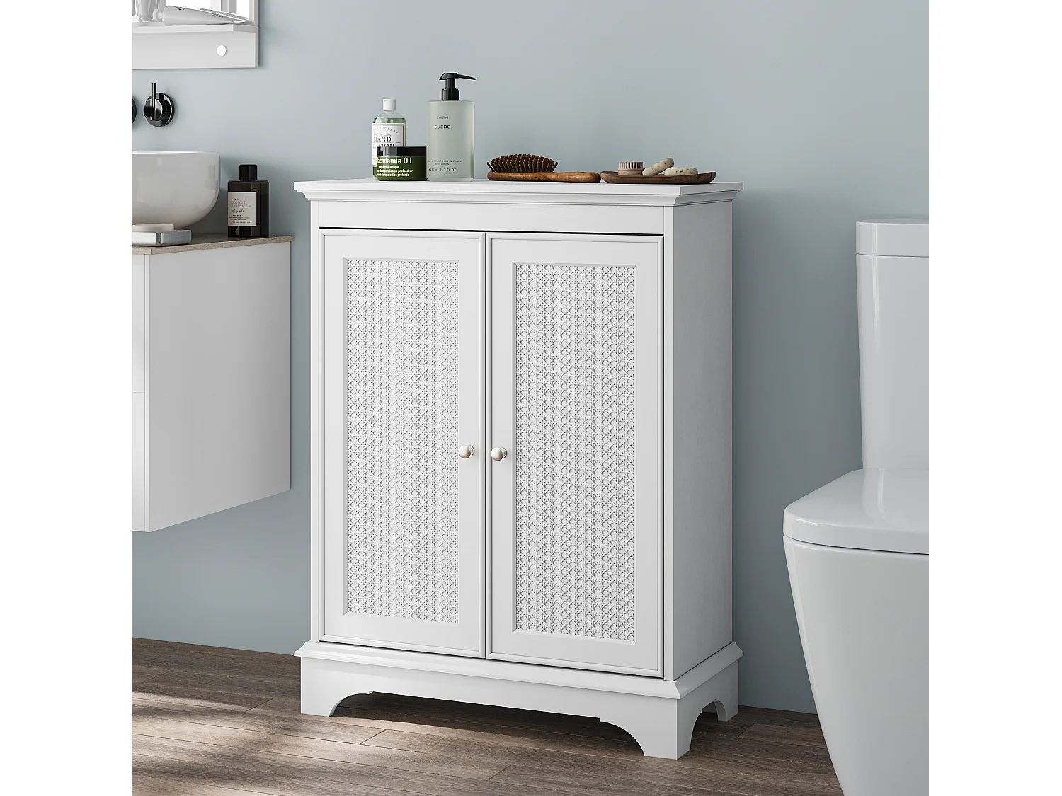 Meuble de salle de bain avec porte panier et étagères réglables, MDF, blanc (66,6x29,8x86,5 cm)