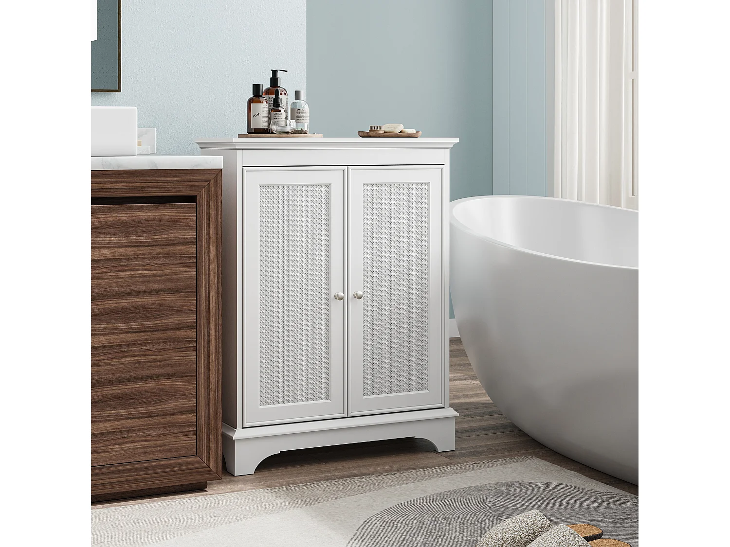Meuble de salle de bain avec porte panier et étagères réglables, MDF, blanc (66,6x29,8x86,5 cm)