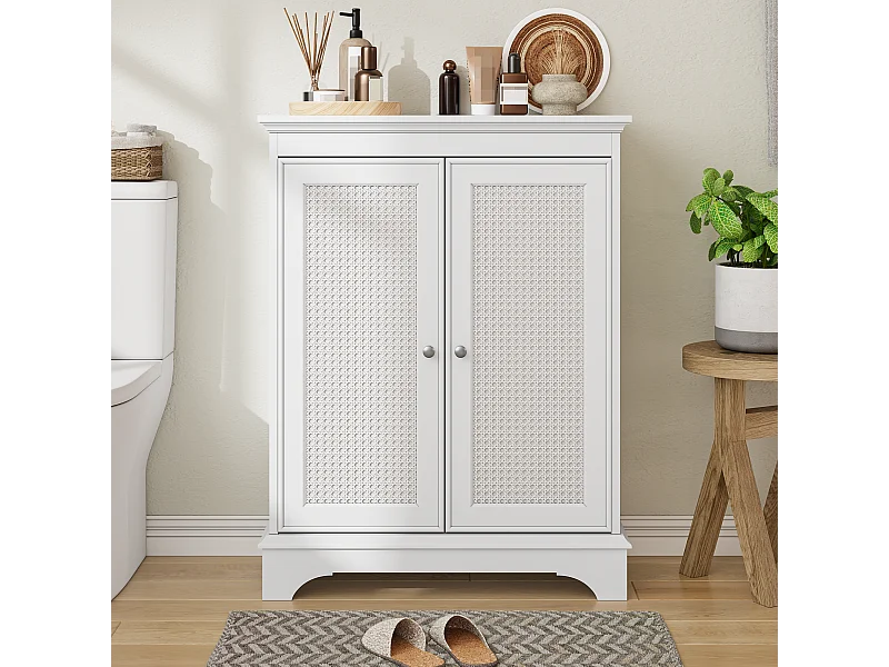 Meuble de salle de bain avec porte panier et étagères réglables, MDF, blanc (66,6x29,8x86,5 cm)