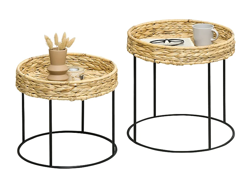 Set di 2 tavolini impilabili, stile boho, in rattan e acciaio, colore legno naturale (Ø45x46 cm e Ø40x37 cm)