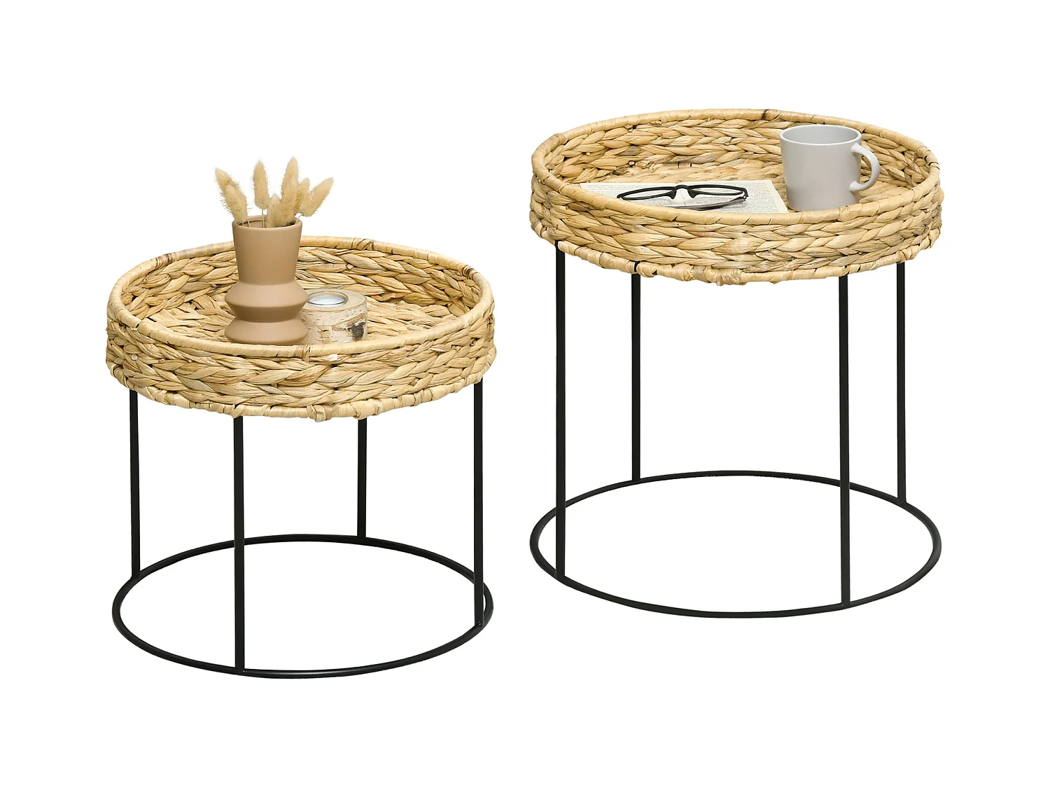 Set di 2 tavolini impilabili, stile boho, in rattan e acciaio, colore legno naturale (Ø45x46 cm e Ø40x37 cm)