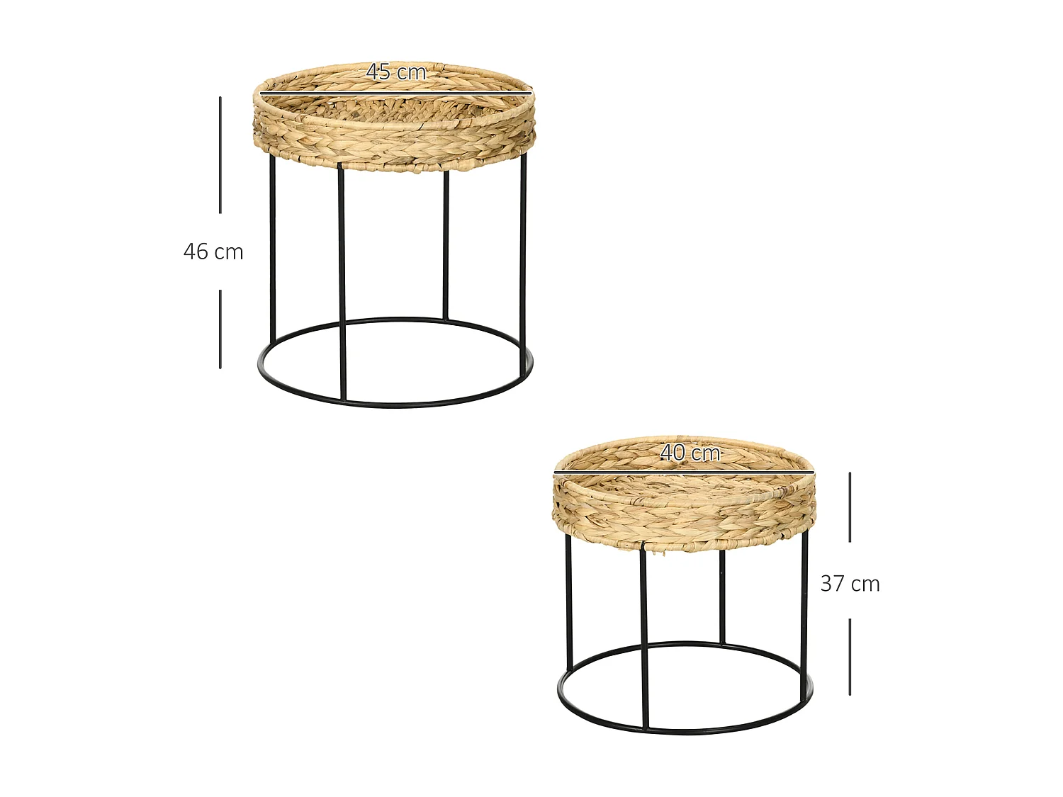 Set di 2 tavolini impilabili, stile boho, in rattan e acciaio, colore legno naturale (Ø45x46 cm e Ø40x37 cm)