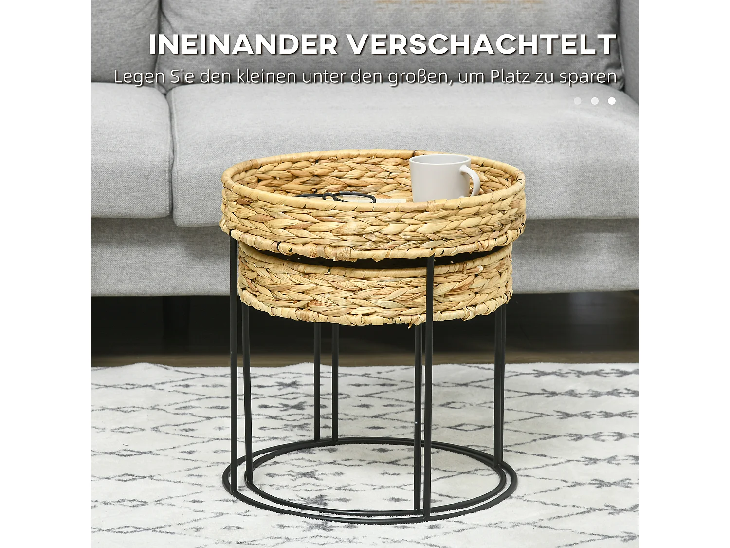 Set di 2 tavolini impilabili, stile boho, in rattan e acciaio, colore legno naturale (Ø45x46 cm e Ø40x37 cm)