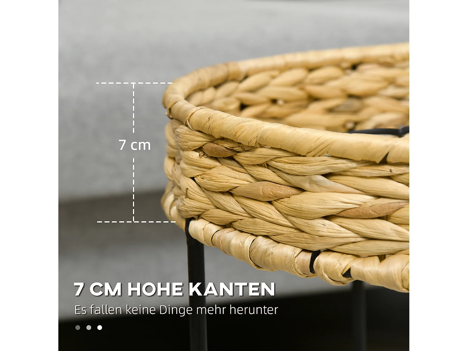 Set di 2 tavolini impilabili, stile boho, in rattan e acciaio, colore legno naturale (Ø45x46 cm e Ø40x37 cm)