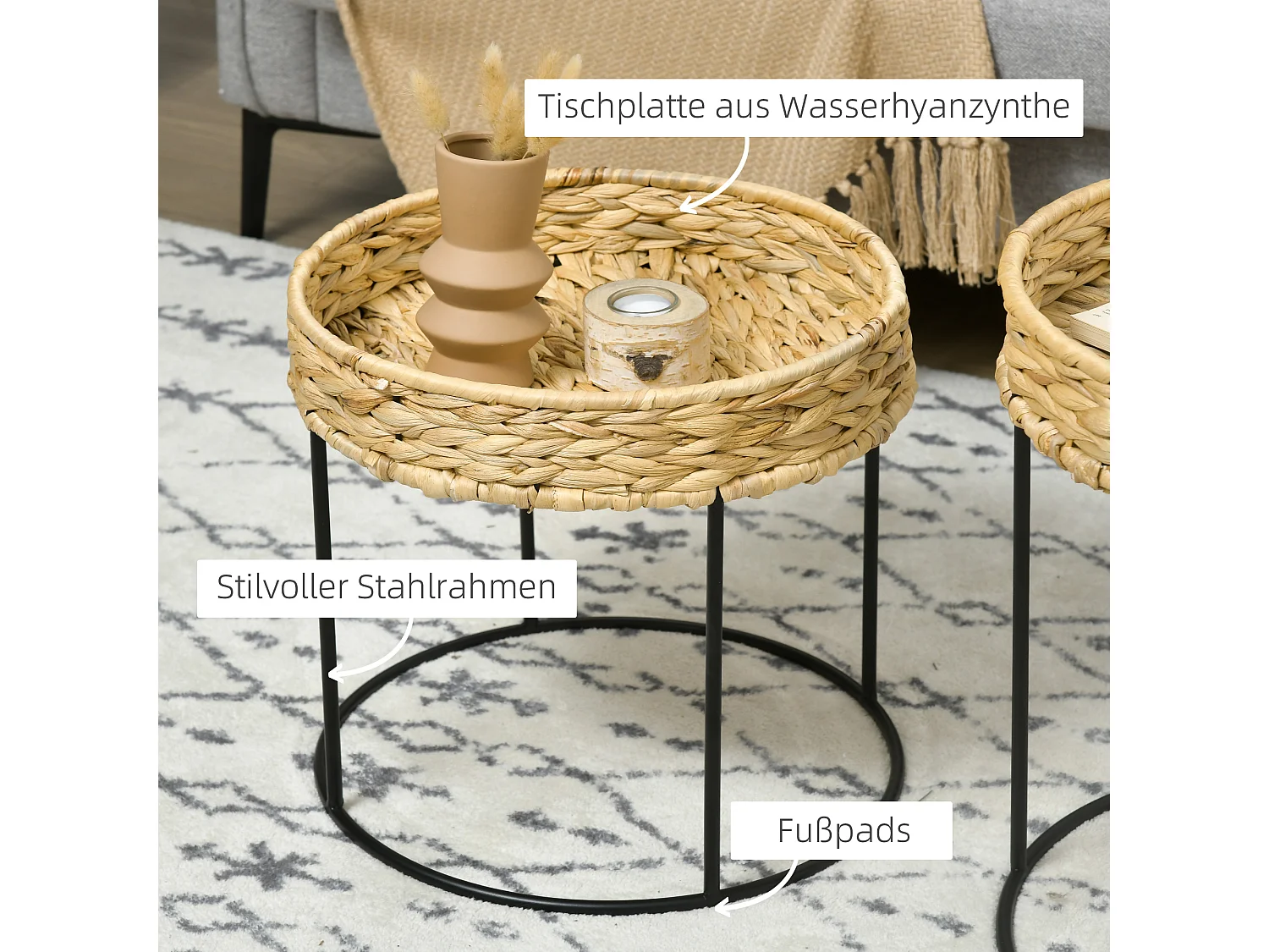 Set di 2 tavolini impilabili, stile boho, in rattan e acciaio, colore legno naturale (Ø45x46 cm e Ø40x37 cm)