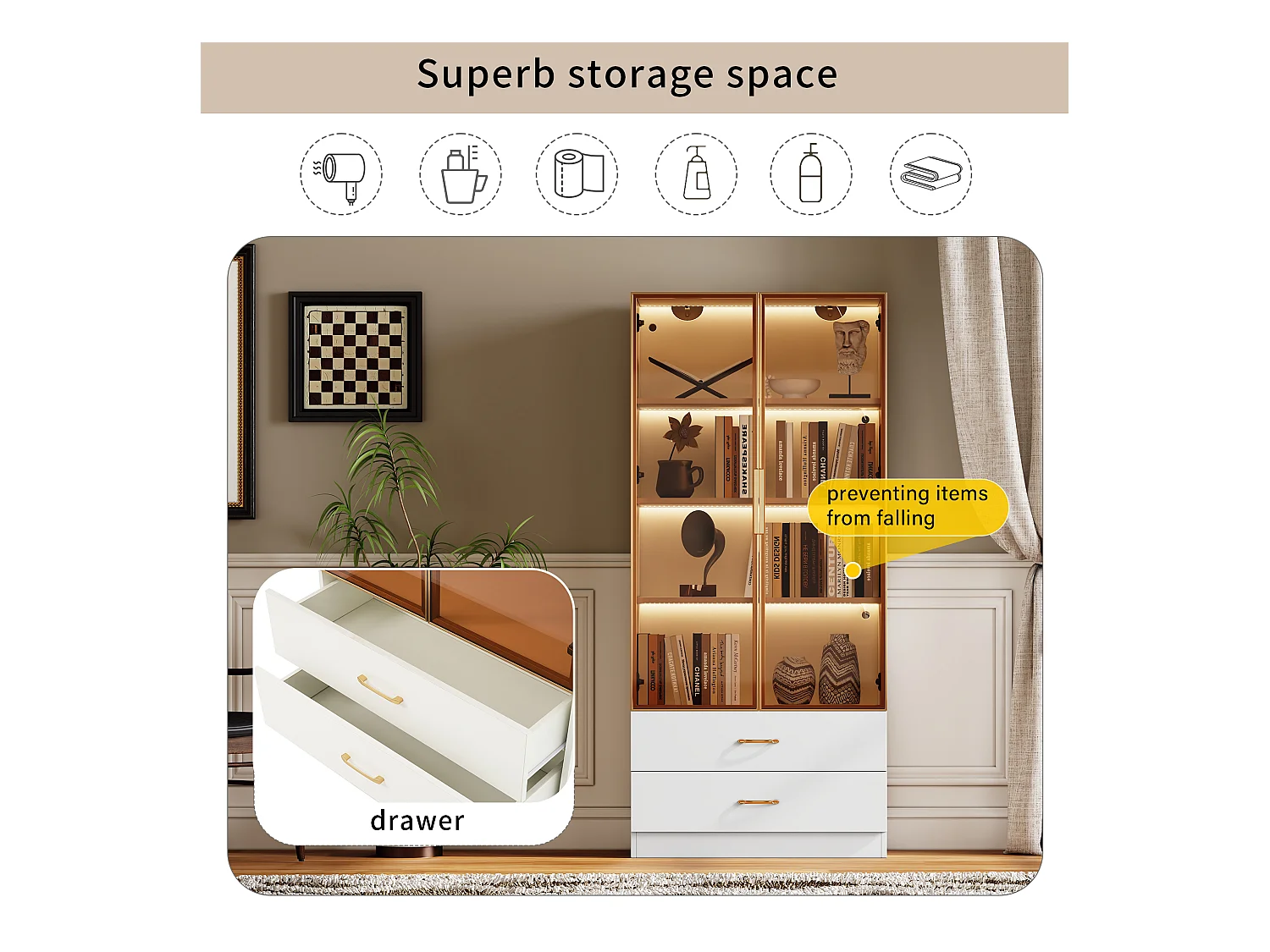 Armoire de salle de bain avec 2 portes et 3 tiroirs, avec éclairage LED, design moderne, verre trempé, Blanc (75x34.5x170 cm)
