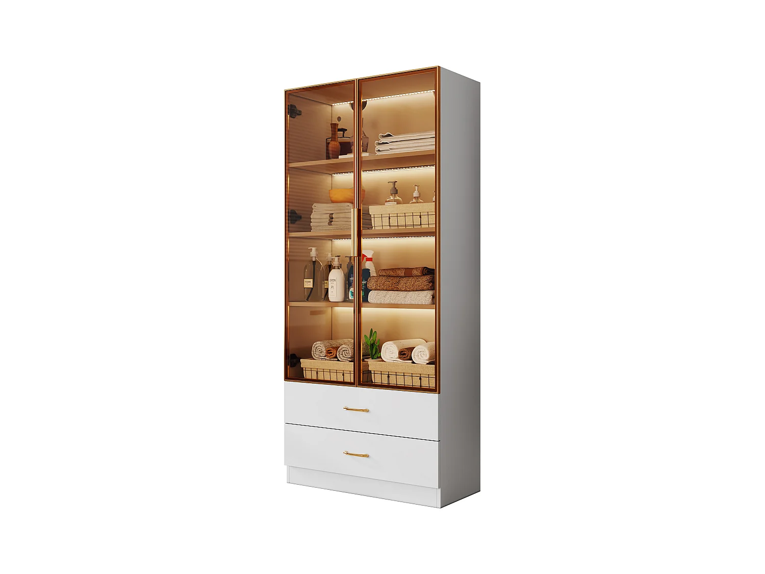 Armoire de salle de bain avec 2 portes et 3 tiroirs, avec éclairage LED, design moderne, verre trempé, Blanc (75x34.5x170 cm)