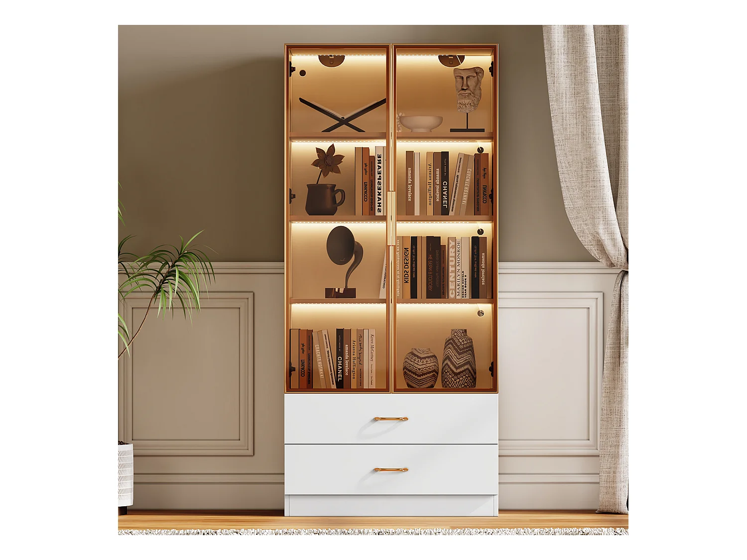Armoire de salle de bain avec 2 portes et 3 tiroirs, avec éclairage LED, design moderne, verre trempé, Blanc (75x34.5x170 cm)