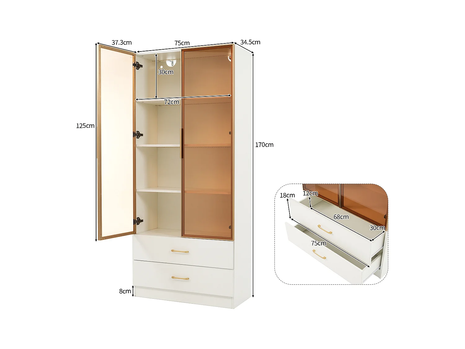 Armoire de salle de bain avec 2 portes et 3 tiroirs, avec éclairage LED, design moderne, verre trempé, Blanc (75x34.5x170 cm)