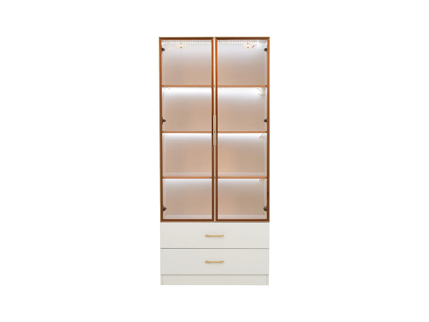 Armoire de salle de bain avec 2 portes et 3 tiroirs, avec éclairage LED, design moderne, verre trempé, Blanc (75x34.5x170 cm)