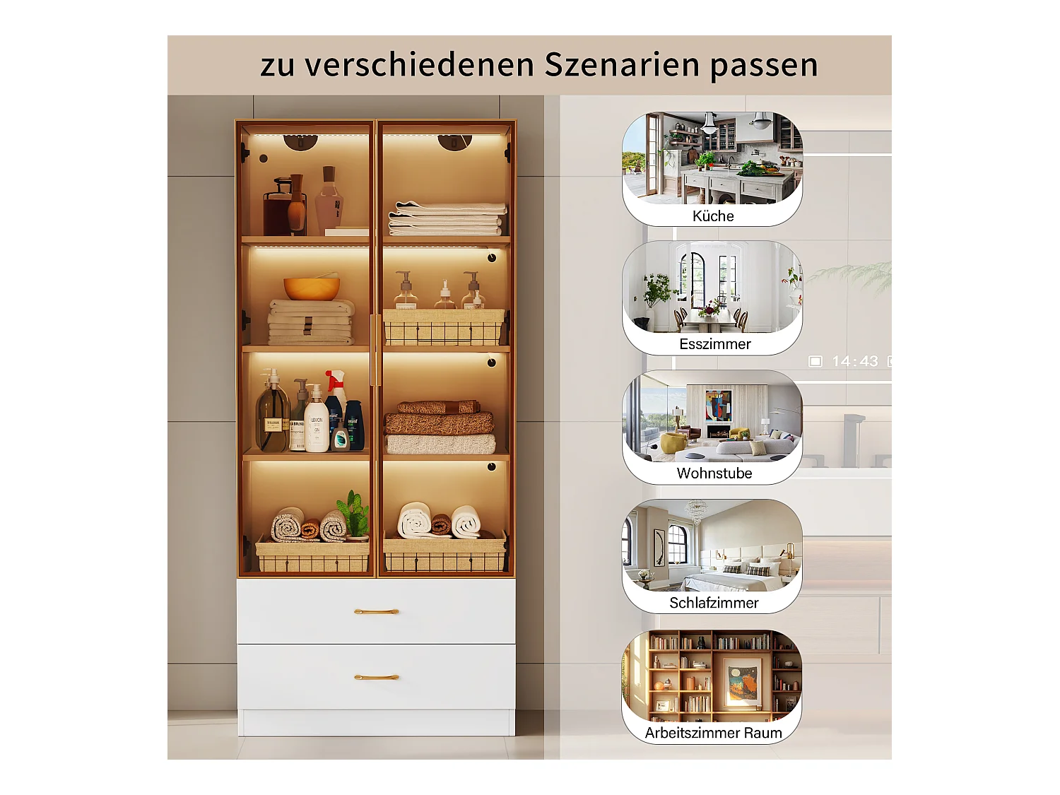 Armoire de salle de bain avec 2 portes et 3 tiroirs, avec éclairage LED, design moderne, verre trempé, Blanc (75x34.5x170 cm)