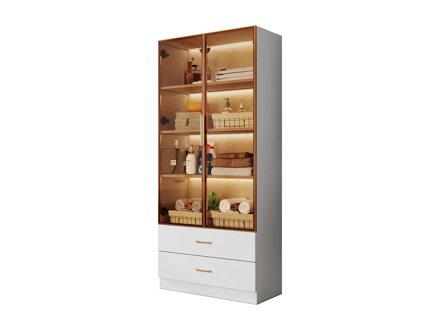 Badkamerkast met 2 deuren en 3 lades, met LED-verlichting, modern design, gehard glas, Wit (75x34,5x170 cm)