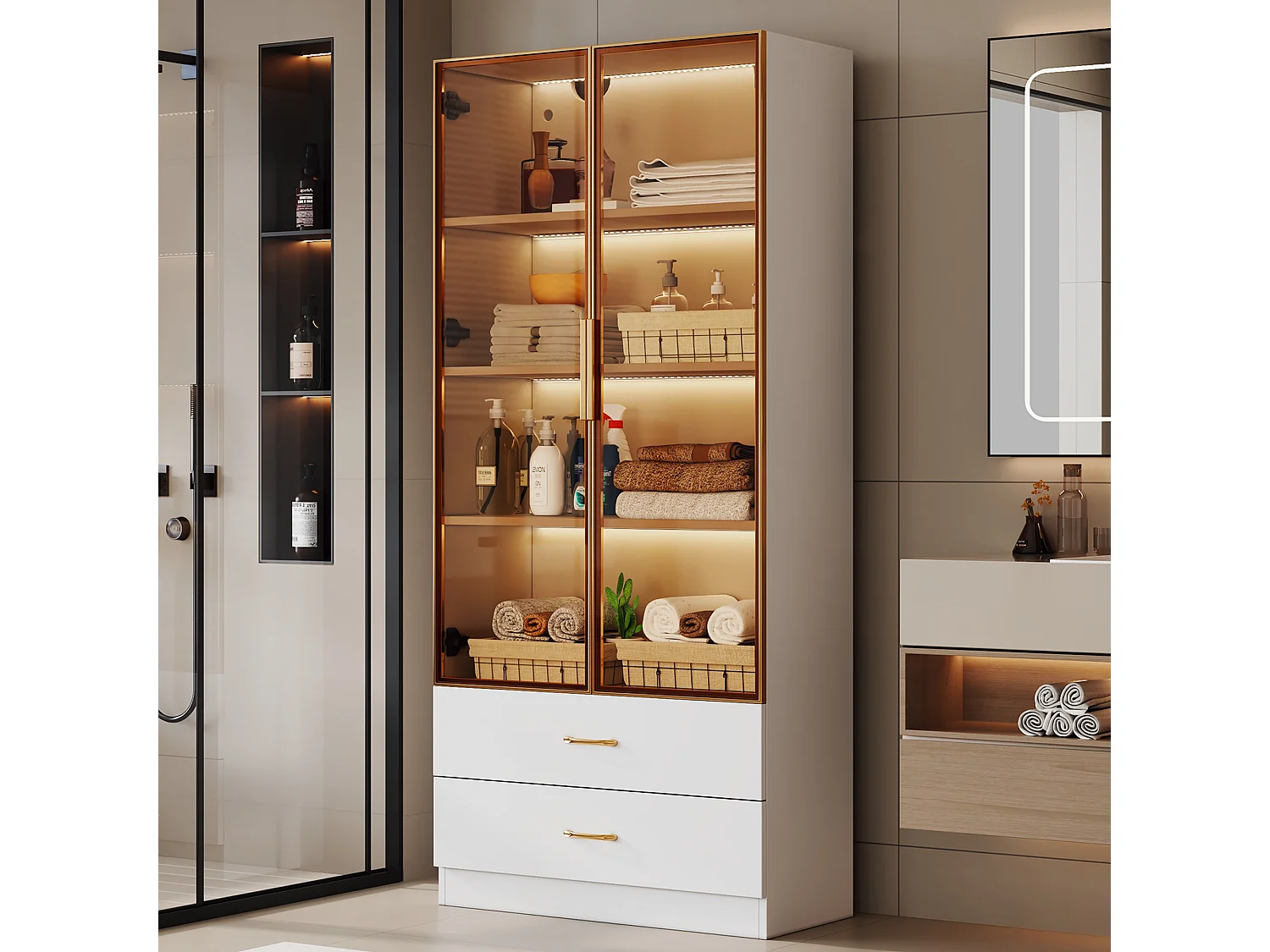 Badkamerkast met 2 deuren en 3 lades, met LED-verlichting, modern design, gehard glas, Wit (75x34,5x170 cm)