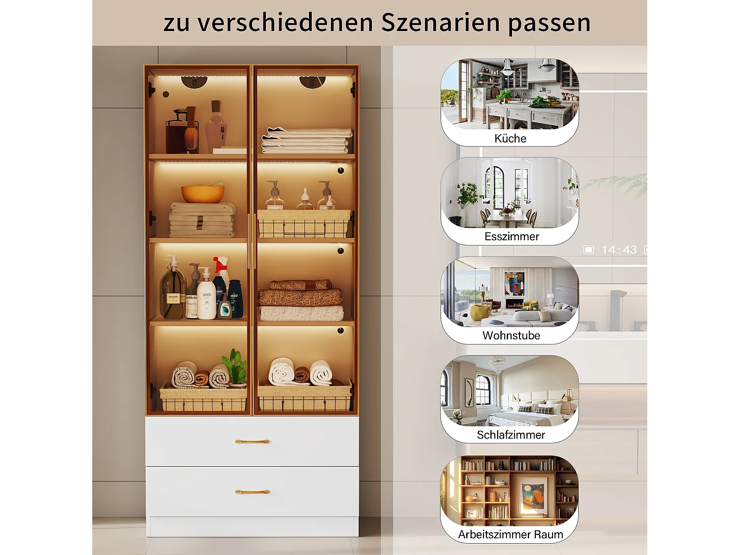 Badkamerkast met 2 deuren en 3 lades, met LED-verlichting, modern design, gehard glas, Wit (75x34,5x170 cm)