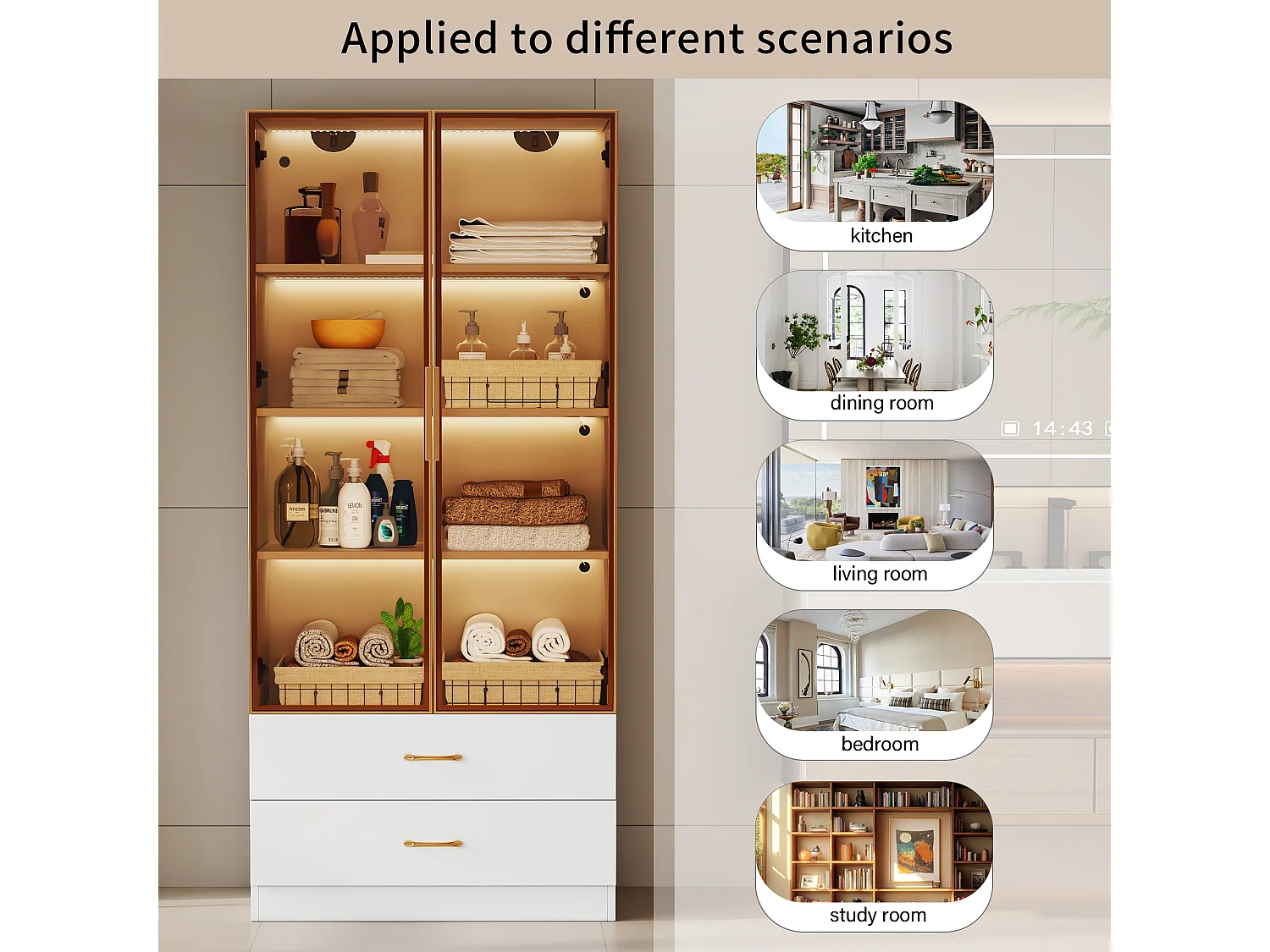 Badkamerkast met 2 deuren en 3 lades, met LED-verlichting, modern design, gehard glas, Wit (75x34,5x170 cm)