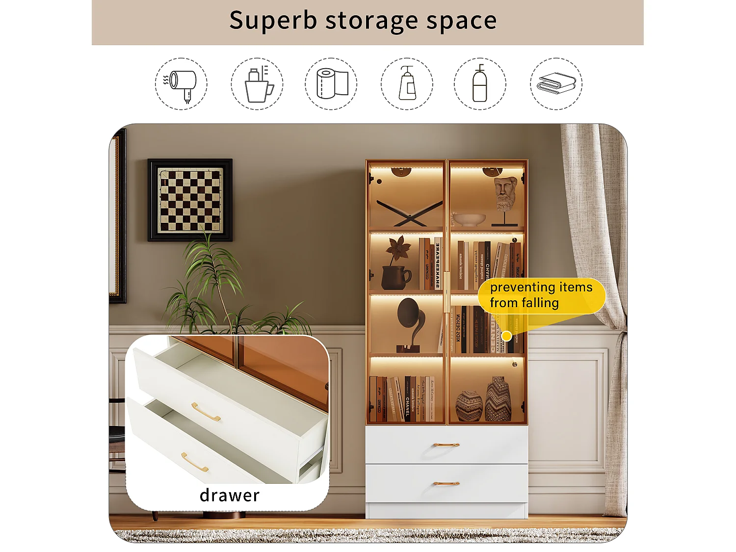 Badkamerkast met 2 deuren en 3 lades, met LED-verlichting, modern design, gehard glas, Wit (75x34,5x170 cm)