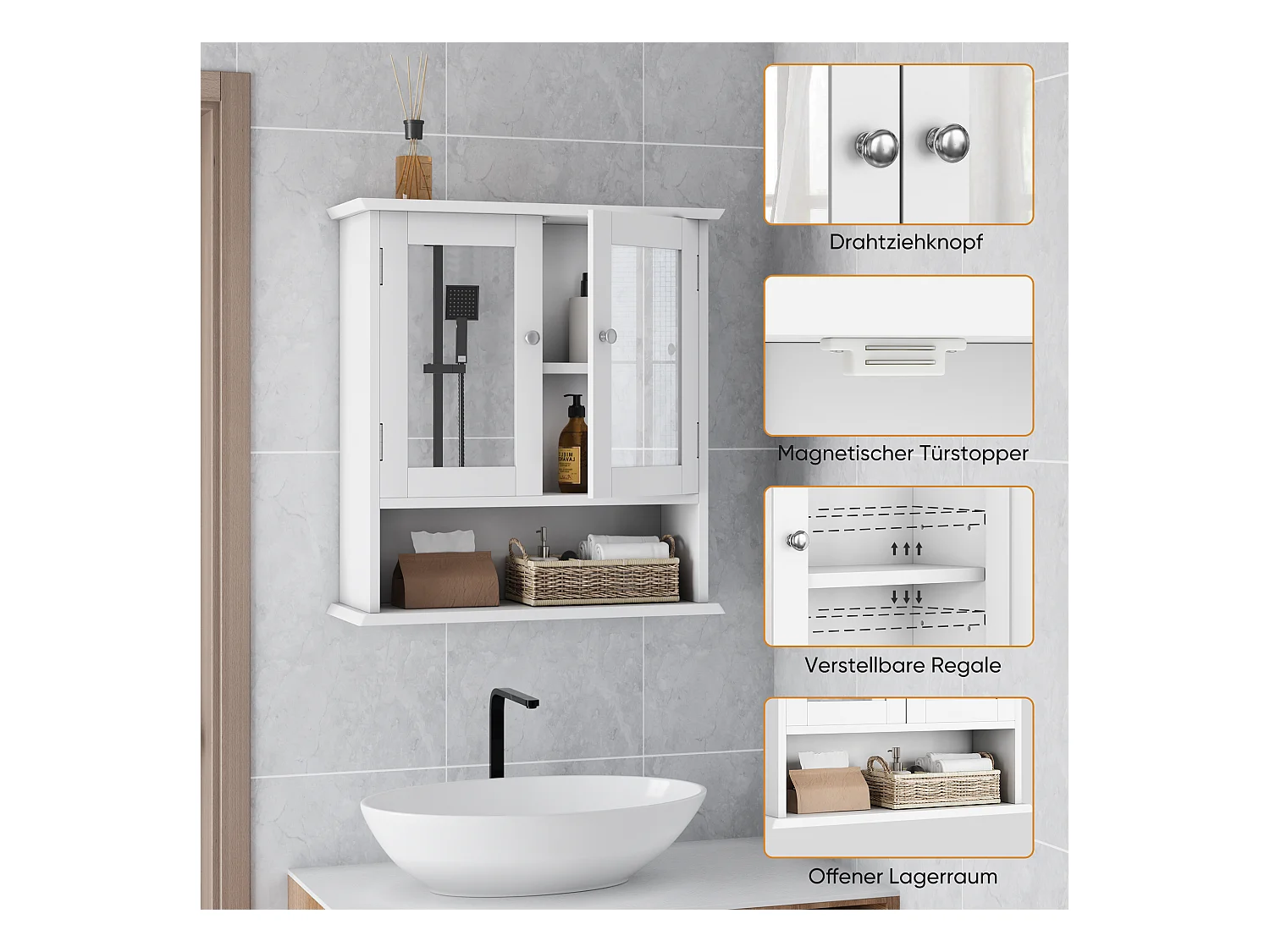 Badkamermeubel met spiegel, verstelbare planken, MDF, wit (54,6x19,8x60 cm)