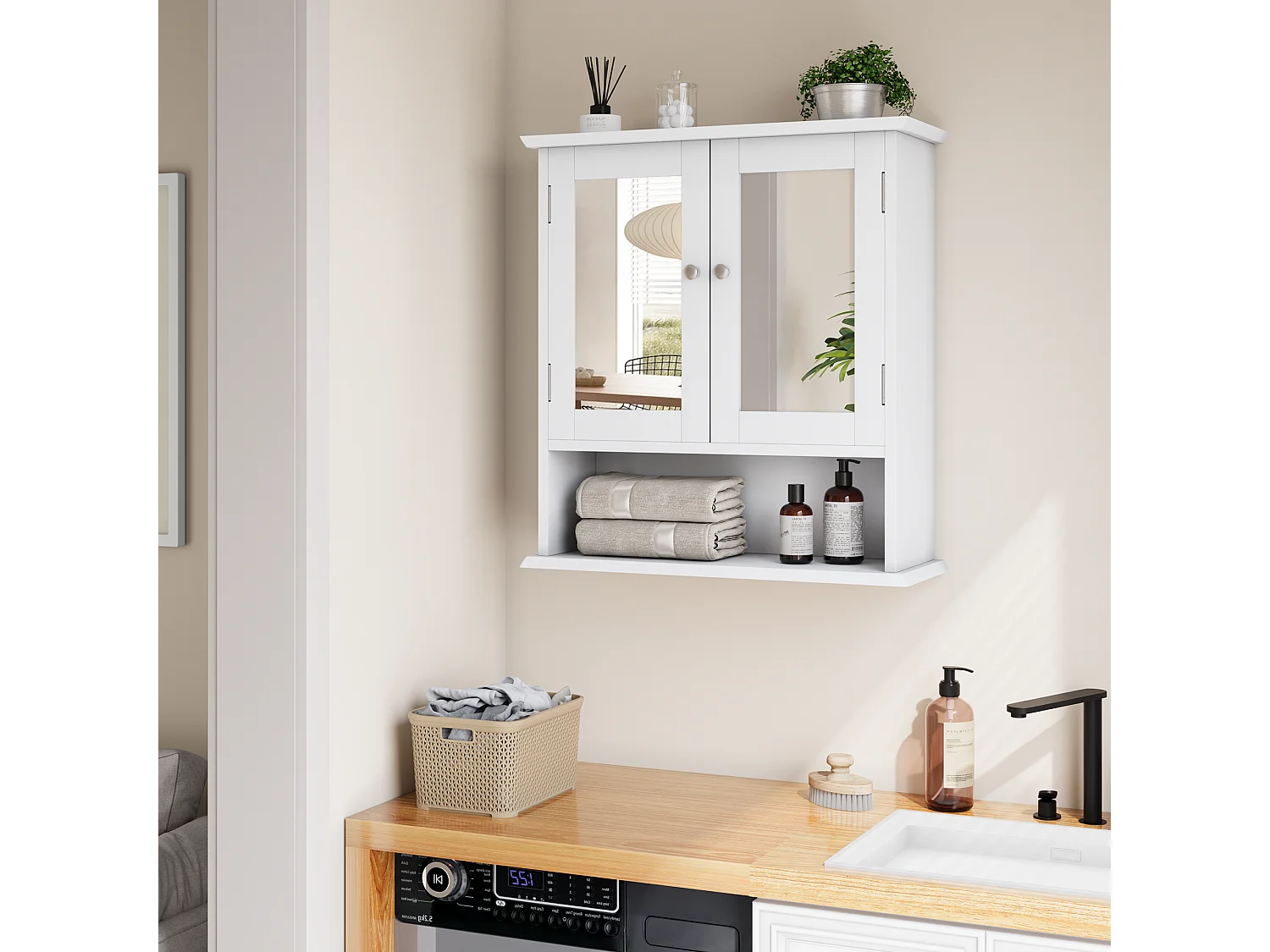 Meuble de salle de bain avec miroir, étagères réglables, MDF, blanc (54,6x19,8x60 cm)