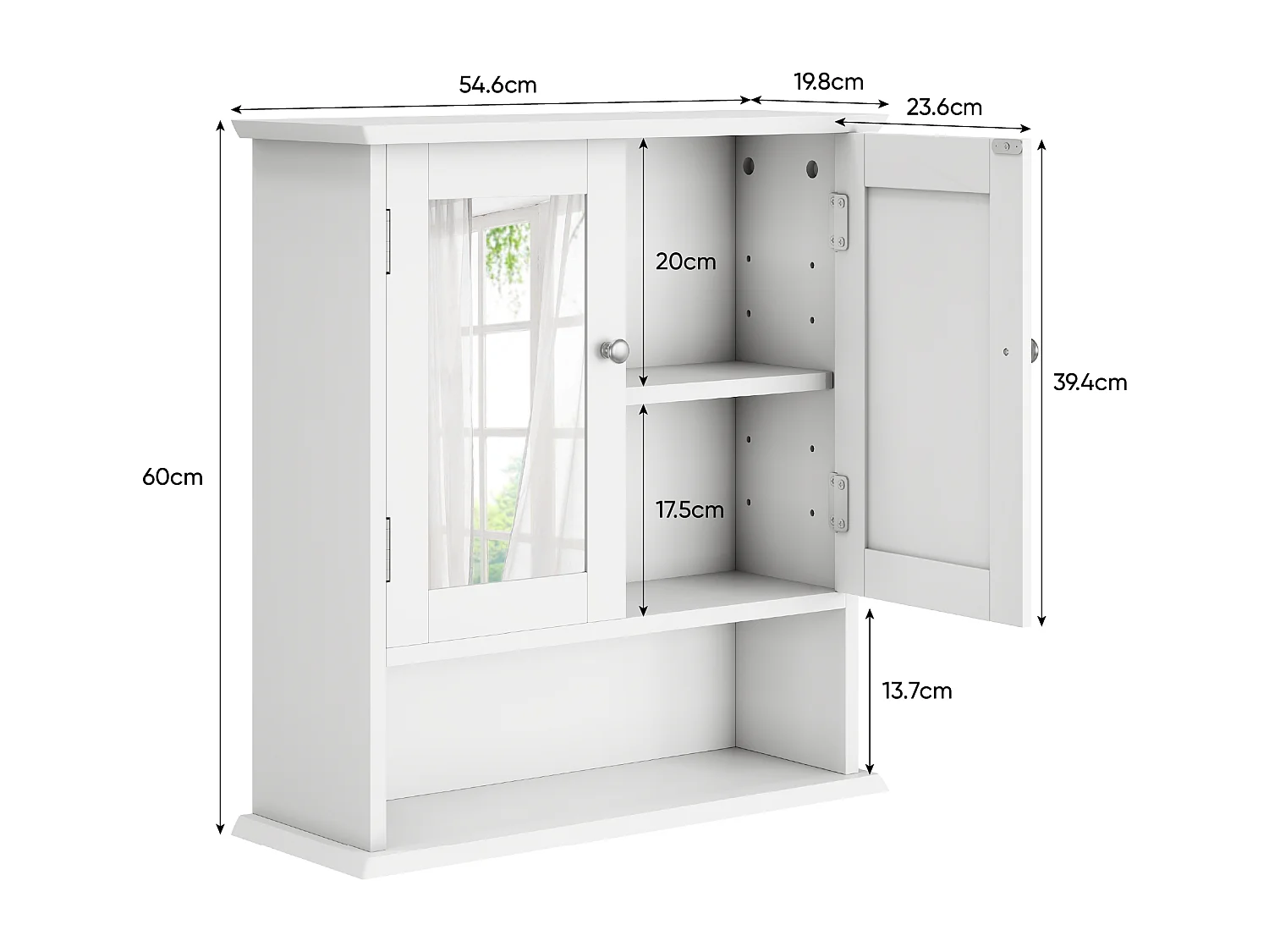Meuble de salle de bain avec miroir, étagères réglables, MDF, blanc (54,6x19,8x60 cm)
