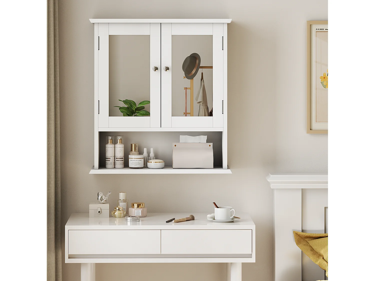 Meuble de salle de bain avec miroir, étagères réglables, MDF, blanc (54,6x19,8x60 cm)