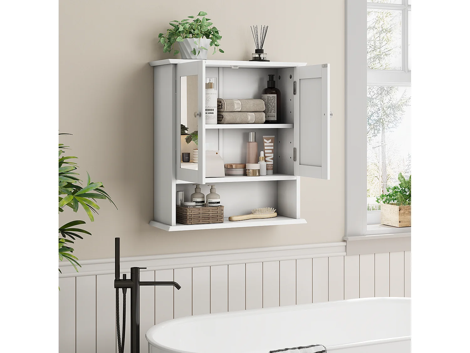 Meuble de salle de bain avec miroir, étagères réglables, MDF, blanc (54,6x19,8x60 cm)