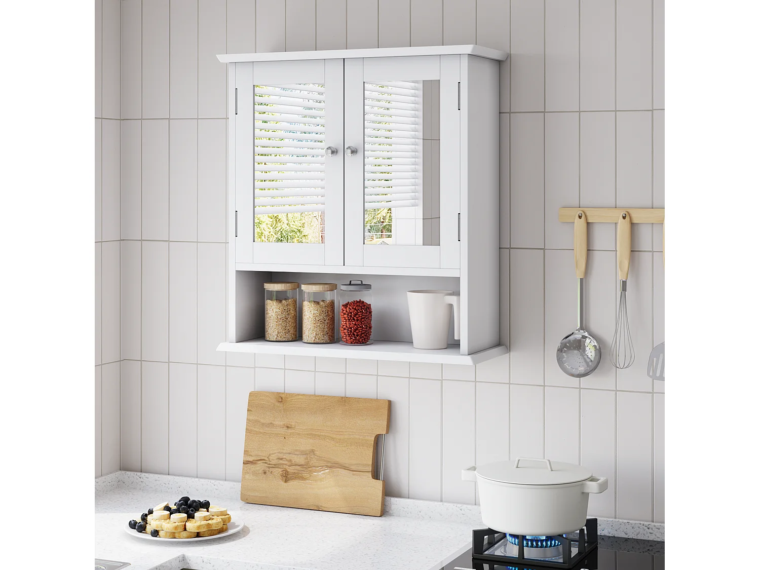 Meuble de salle de bain avec miroir, étagères réglables, MDF, blanc (54,6x19,8x60 cm)