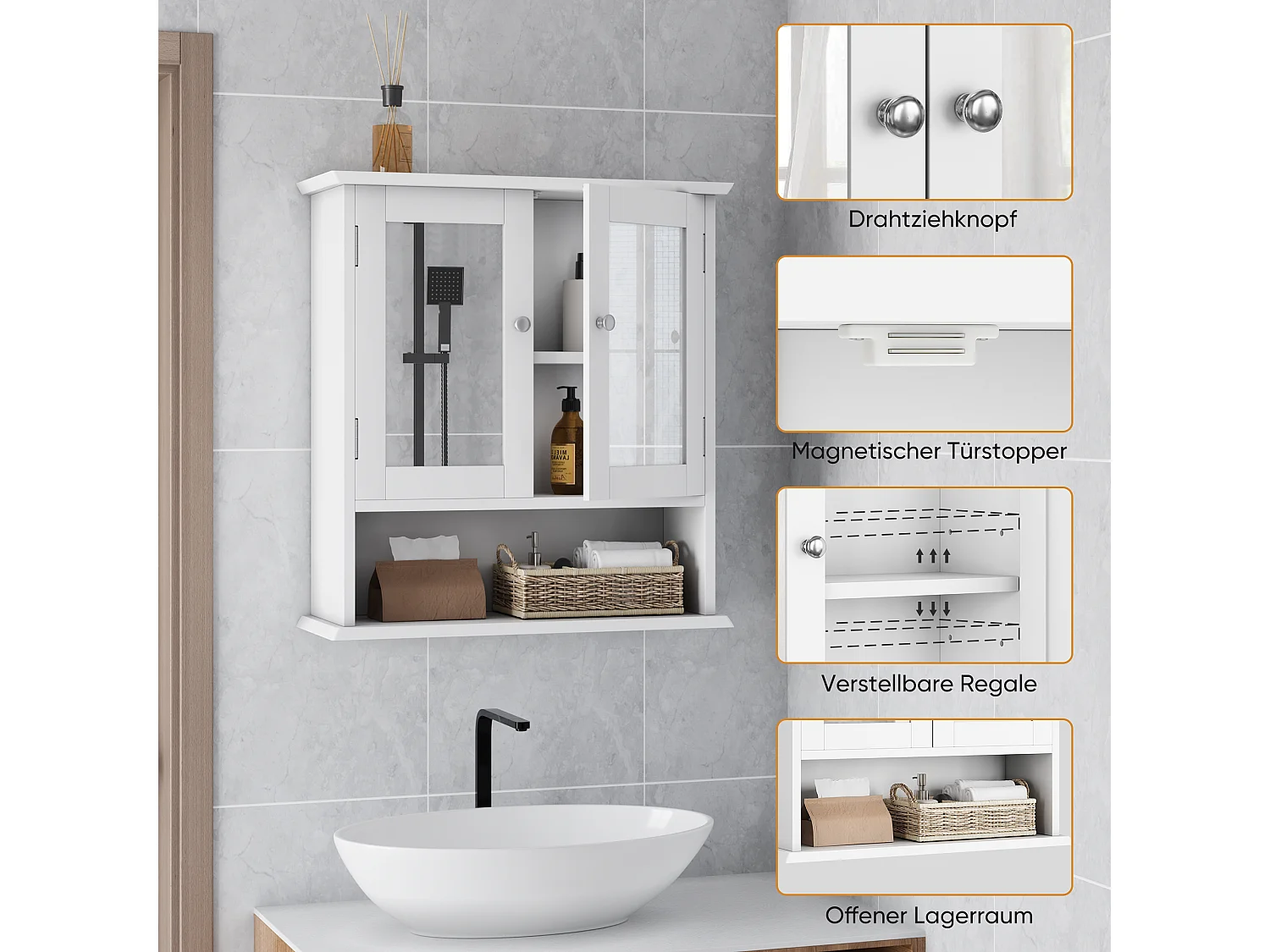 Meuble de salle de bain avec miroir, étagères réglables, MDF, blanc (54,6x19,8x60 cm)