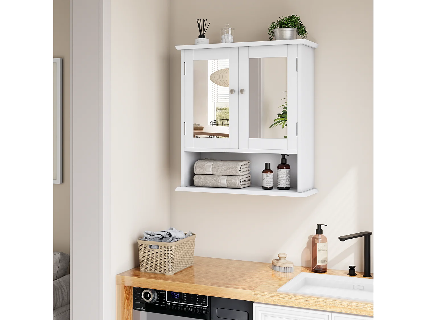 Badkamermeubel met spiegel, verstelbare planken, MDF, wit (54,6x19,8x60 cm)