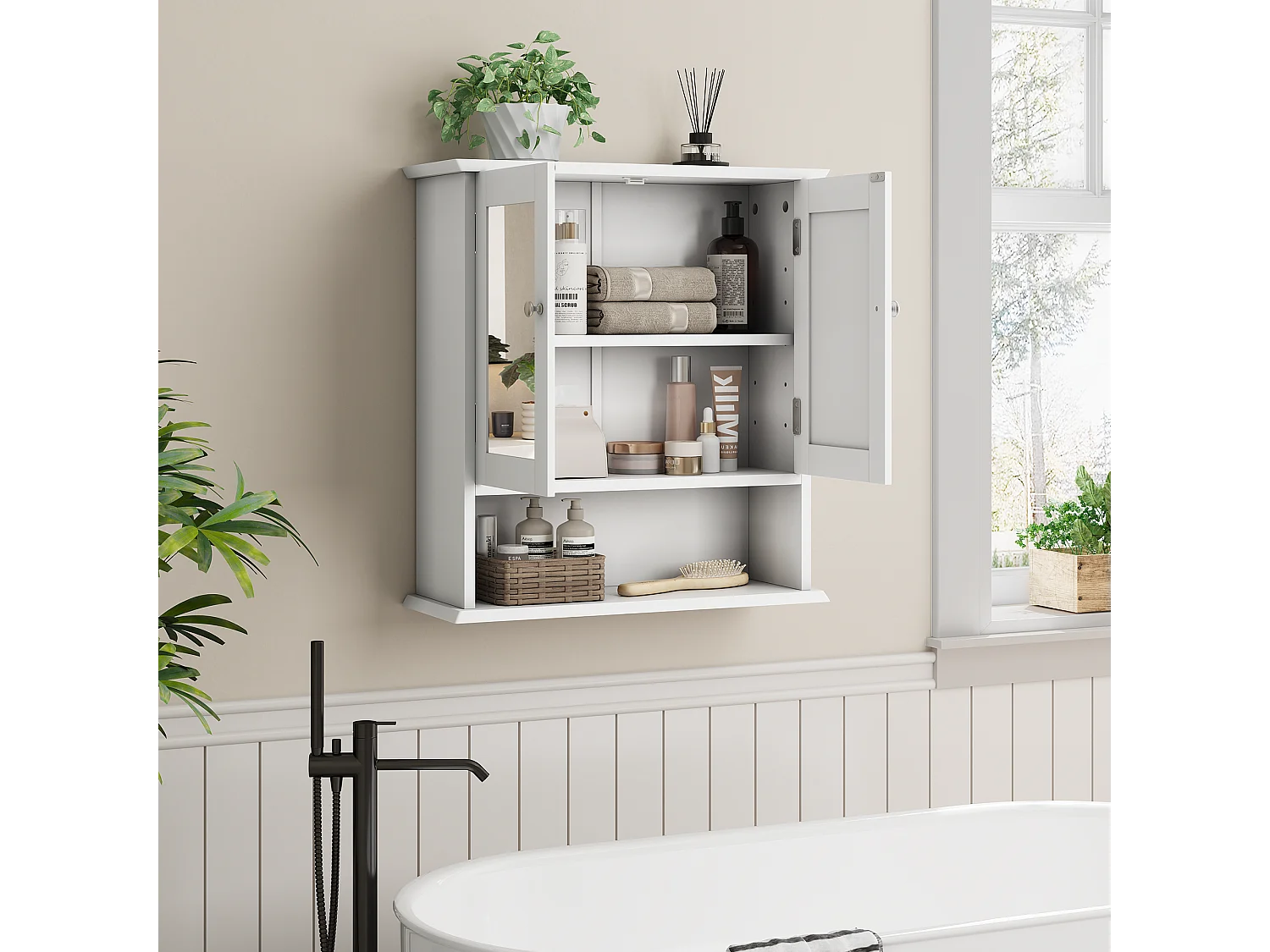 Badkamermeubel met spiegel, verstelbare planken, MDF, wit (54,6x19,8x60 cm)