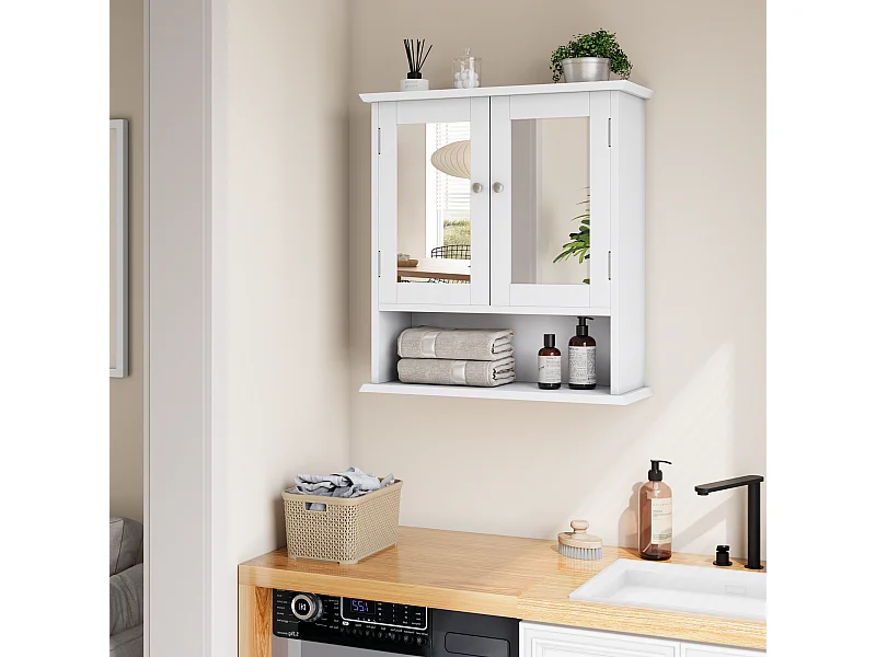 Meuble de salle de bain avec miroir, étagères réglables, MDF, blanc (54,6x19,8x60 cm)