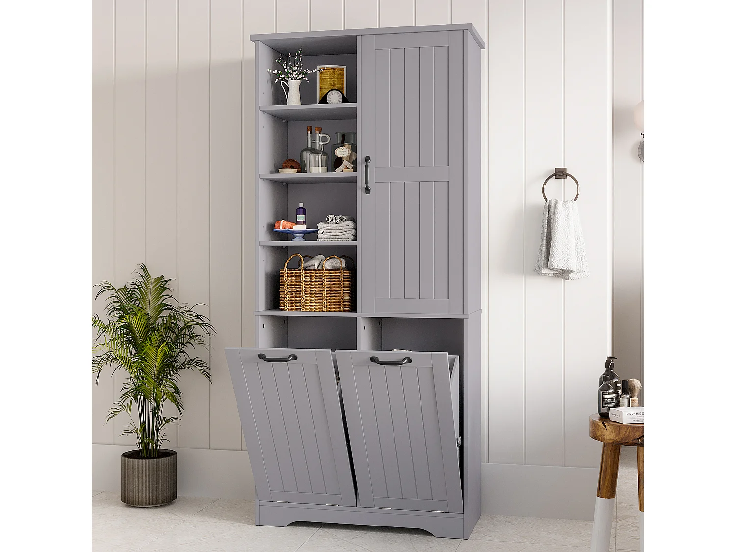 Armoire de salle de bain avec double panier à linge, 4 étagères ouvertes, portes en MDF peint, gris (78x35x172.7 cm)