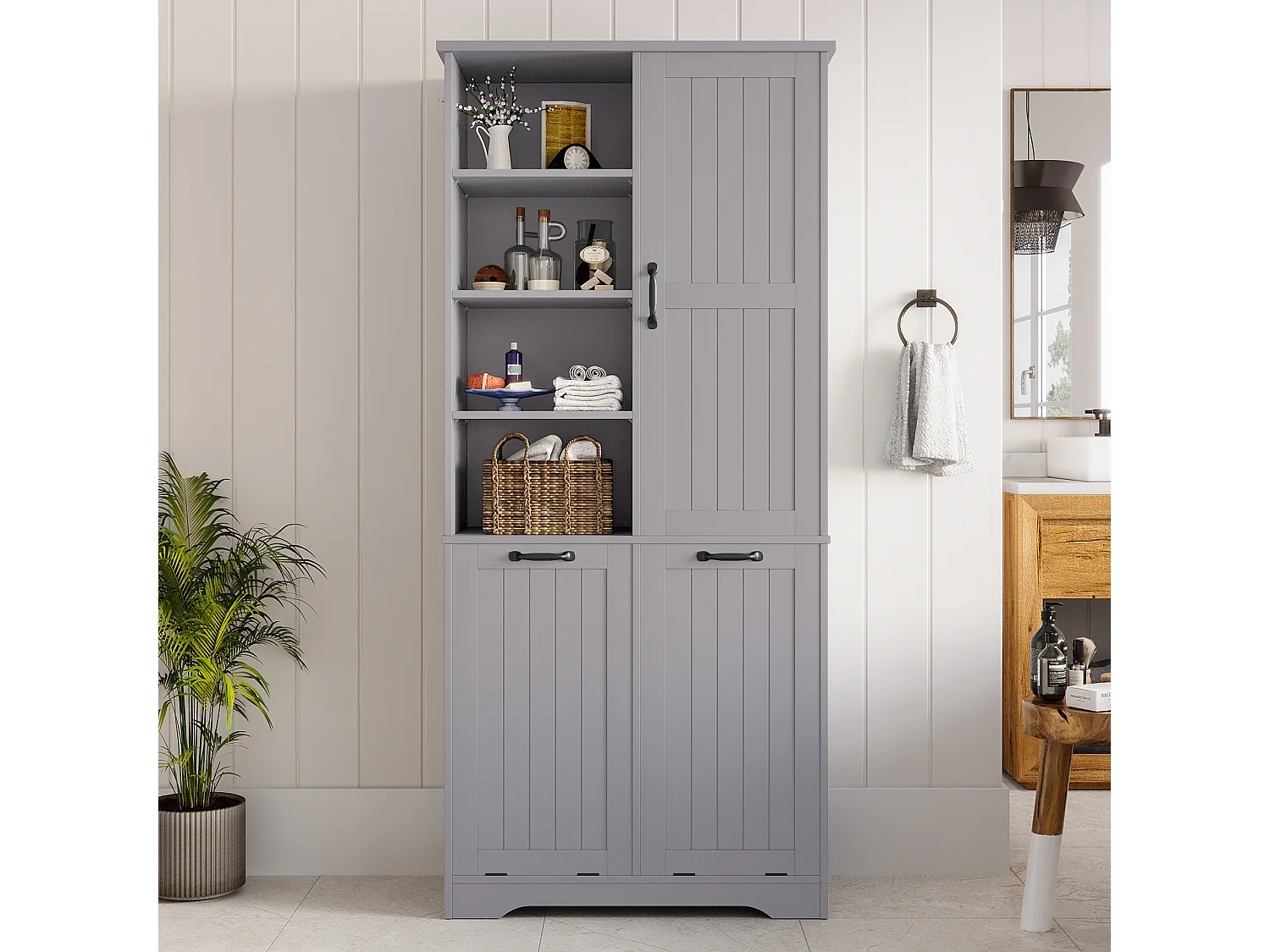 Armoire de salle de bain avec double panier à linge, 4 étagères ouvertes, portes en MDF peint, gris (78x35x172.7 cm)