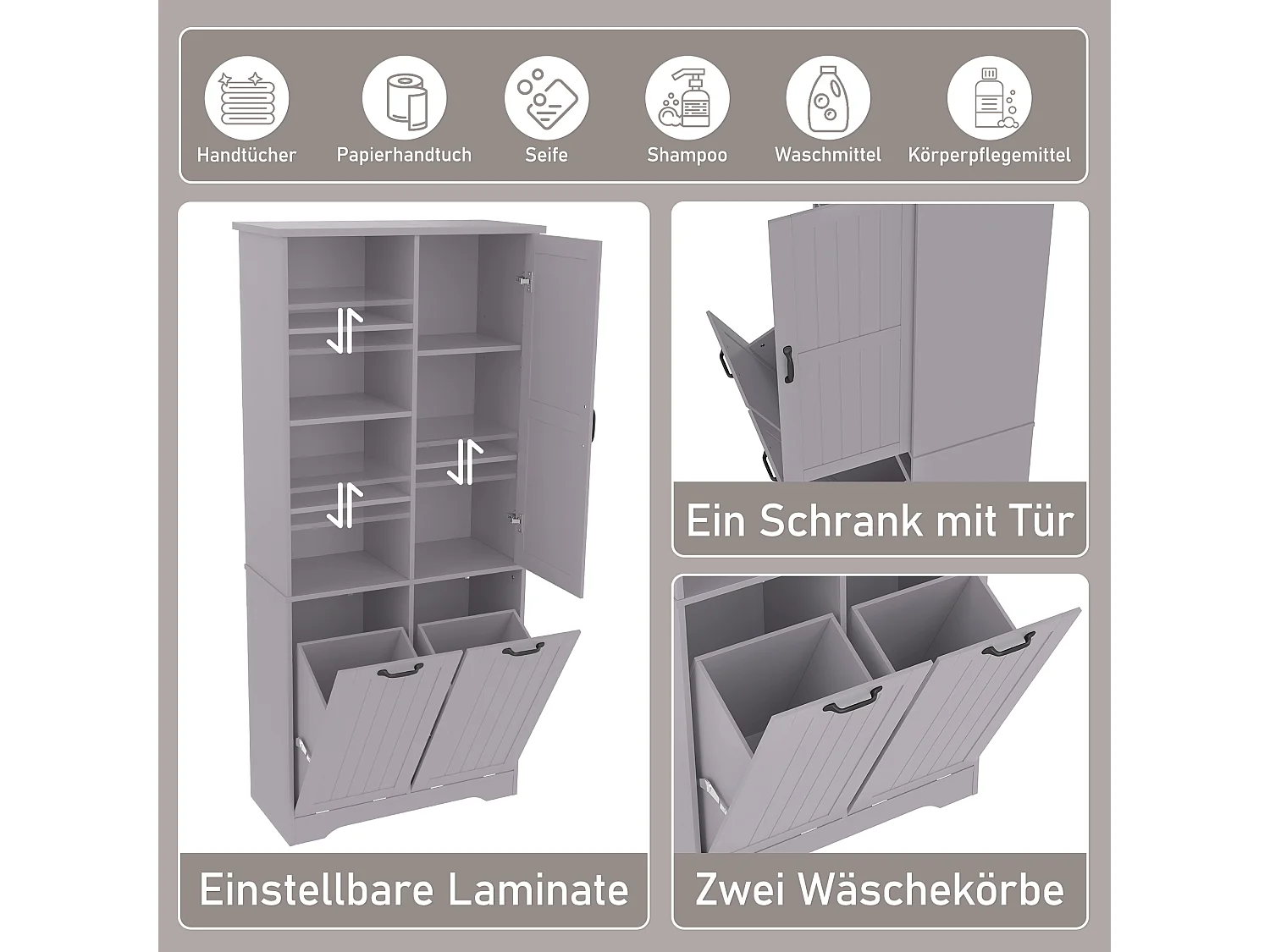 Armoire de salle de bain avec double panier à linge, 4 étagères ouvertes, portes en MDF peint, gris (78x35x172.7 cm)