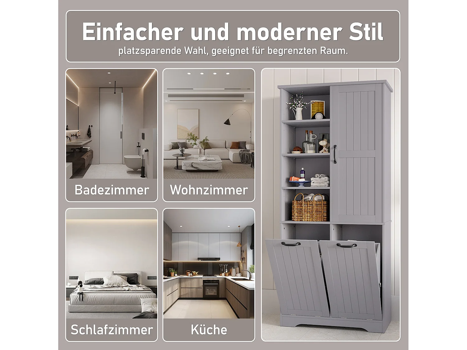 Armoire de salle de bain avec double panier à linge, 4 étagères ouvertes, portes en MDF peint, gris (78x35x172.7 cm)