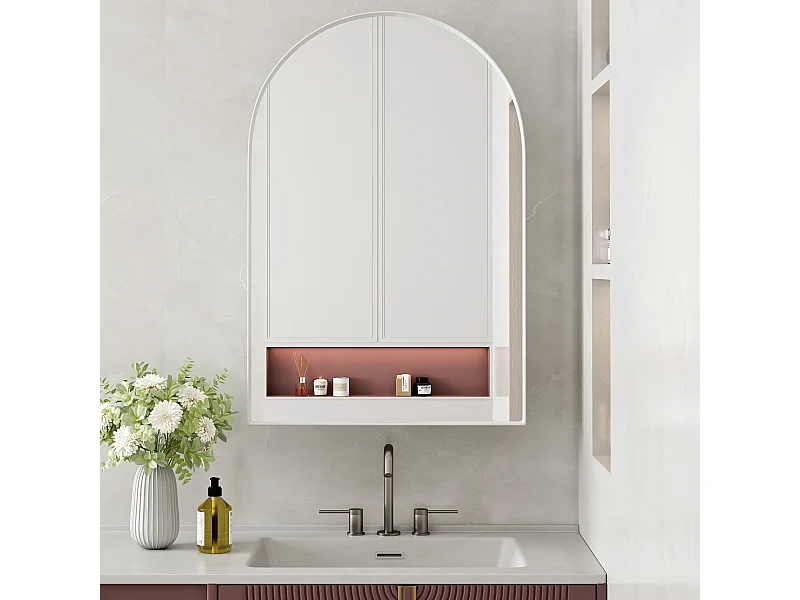 Armoire miroir incurvée, cabinet mural avec cadres métalliques et étagères ajustables, pour salle de bain, salon et chambre (91x61x12 cm)