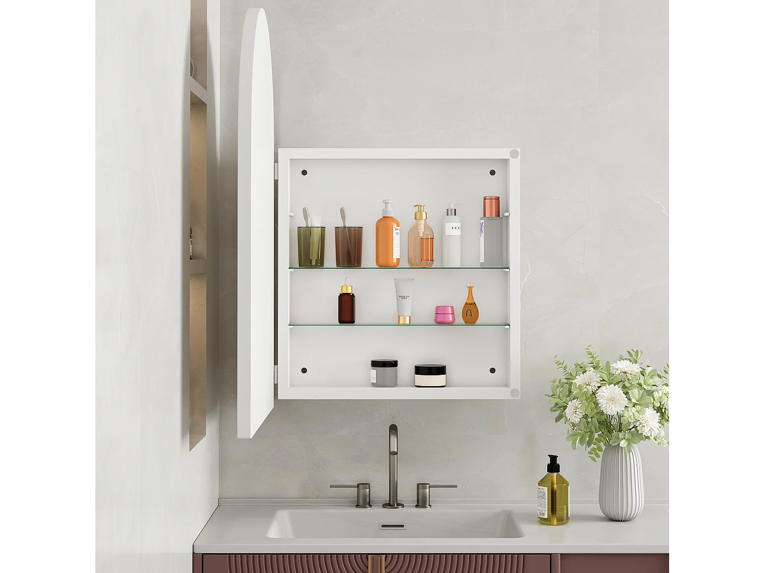 Armoire miroir incurvée, cabinet mural avec cadres métalliques et étagères ajustables, pour salle de bain, salon et chambre (91x61x12 cm)