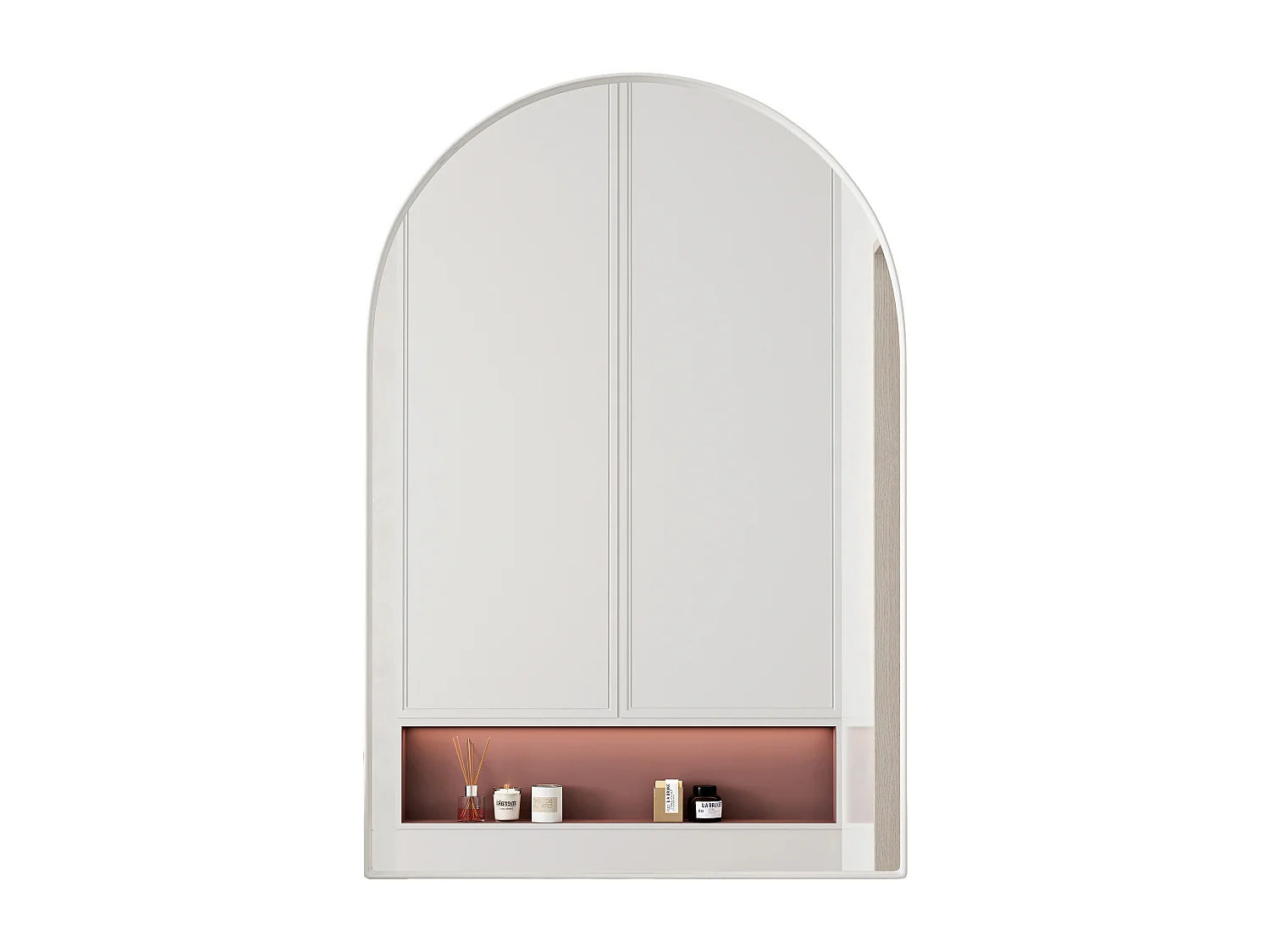 Armoire miroir incurvée, cabinet mural avec cadres métalliques et étagères ajustables, pour salle de bain, salon et chambre (91x61x12 cm)