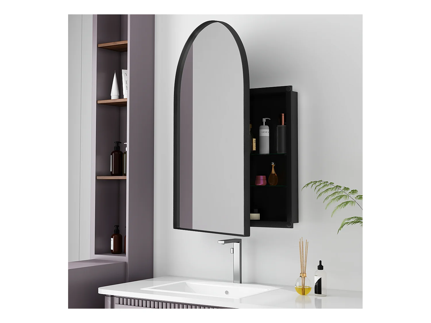 Armario de pared de metal con espejo curvo y estantes ajustables, para baño, salón y dormitorio, color negro (91 x 61 x 12 cm)