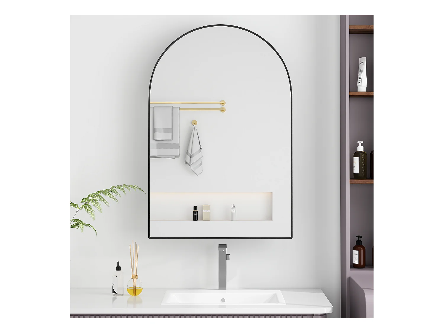 Gebogen spiegelkast, metalen wandkast met spiegel en verstelbare planken, voor badkamer, woonkamer en slaapkamer, zwart (91x61x12 cm)