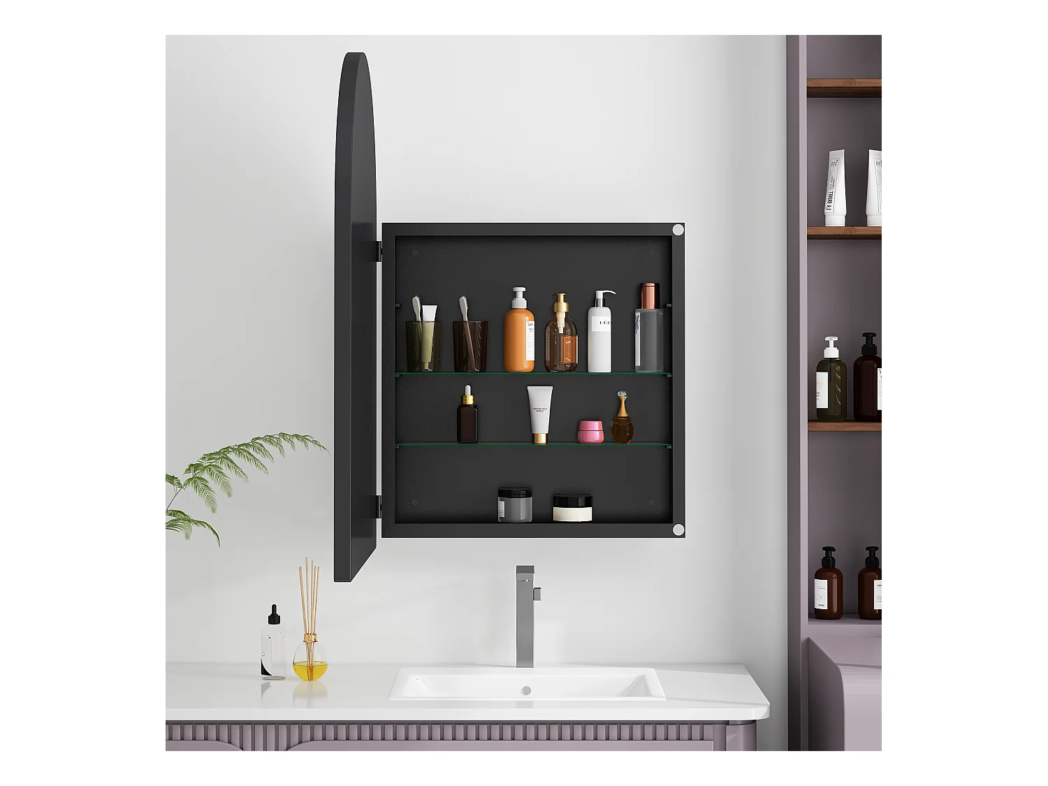 Gebogen spiegelkast, metalen wandkast met spiegel en verstelbare planken, voor badkamer, woonkamer en slaapkamer, zwart (91x61x12 cm)